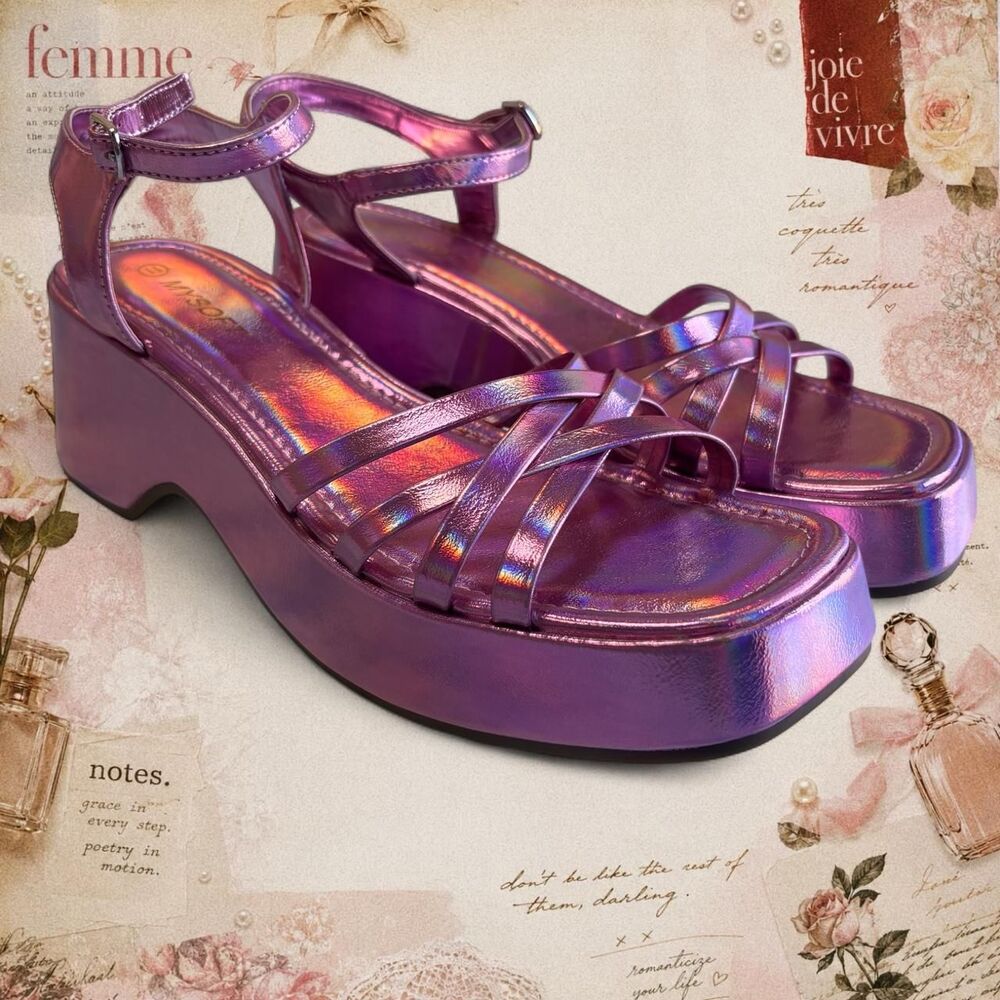 Metallic Holographic Pink Platform Sandals Y2K Chunky Heels
